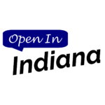 A blue chat box with the text 'Open In' and the black text under that 'Indiana'